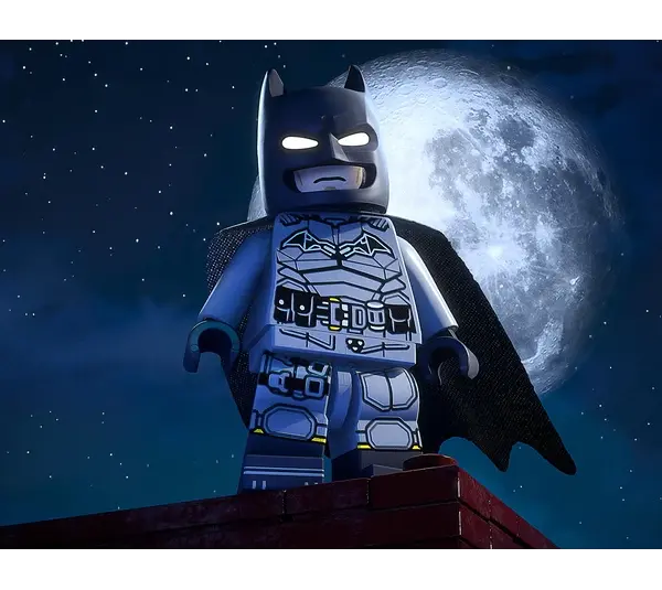 LEGO Batman stands heroically on a rooftop, set against a large, bright full moon and starry night sky, conveying a sense of vigilance and adventure.