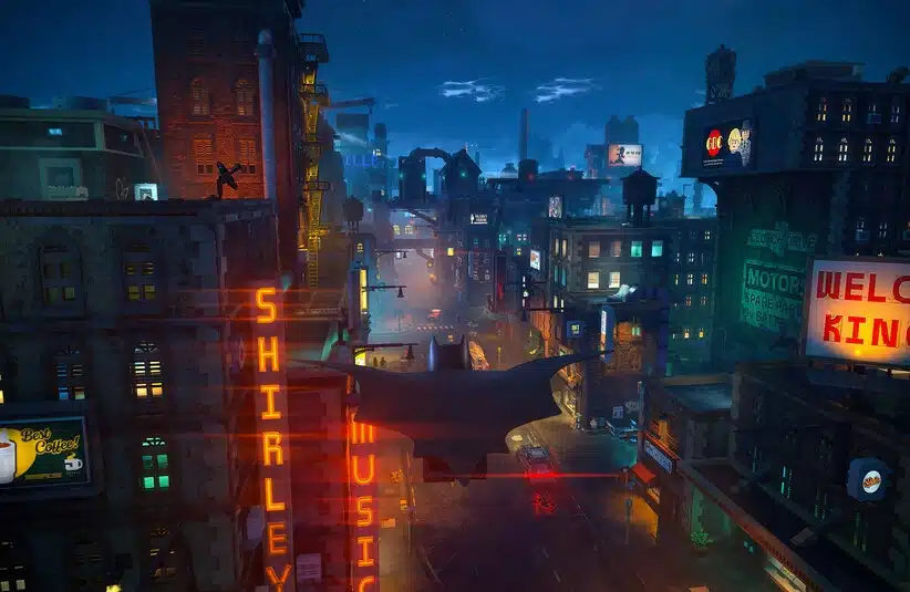 Nighttime urban scene with neon lights illuminating a foggy cityscape. A silhouette of Bat-like wings of LEGO Batman's cape is visible against the sky, evoking a sense of mystery.