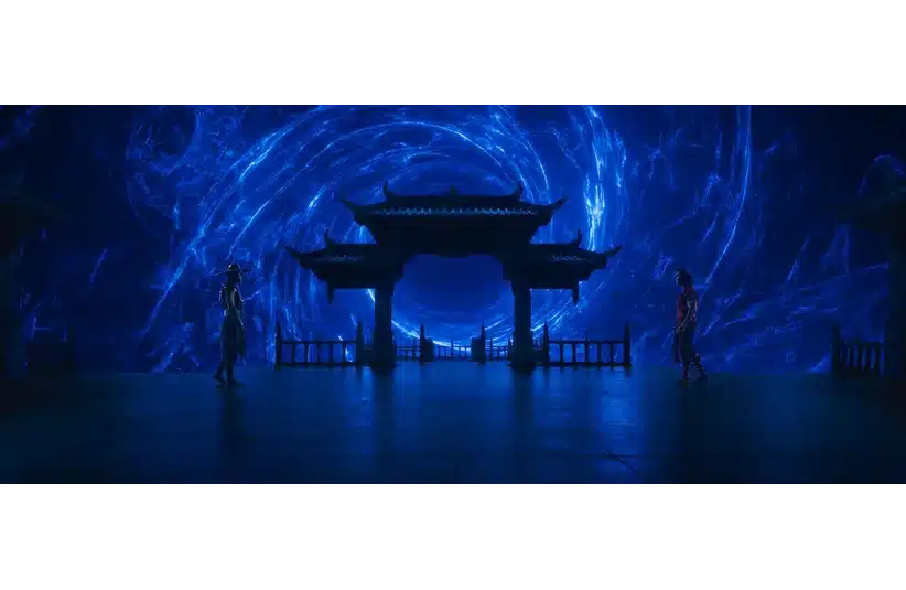 Two figures face each other in a dimly lit, blue-hued setting with a swirling vortex behind an ornate, pagoda-style gate, creating a tense, mystical atmosphere.