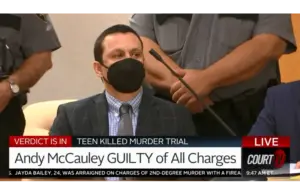 Screenshot of Andy McCauley in court on trial for the murder of Riley Crossman
