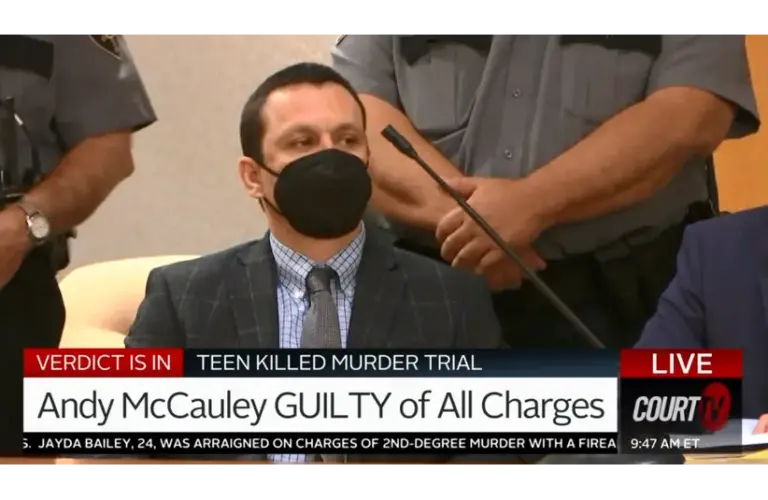 Screenshot of Andy McCauley in court on trial for the murder of Riley Crossman