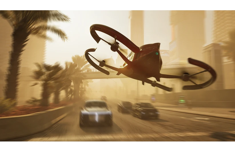 Mindseye Futuristic cityscape with a flying car zooming past palm trees and traffic. The dusty atmosphere and blurred motion create an intense, fast-paced feel.