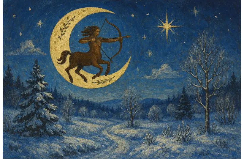 The Moon in Sagittarius, in the style of a painting, winter motif