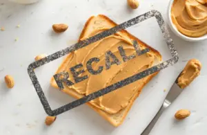 Slice of bread with peanut butter and "RECALL" stamped over it. Knife and almonds nearby on marble surface. Tone conveys warning and caution.