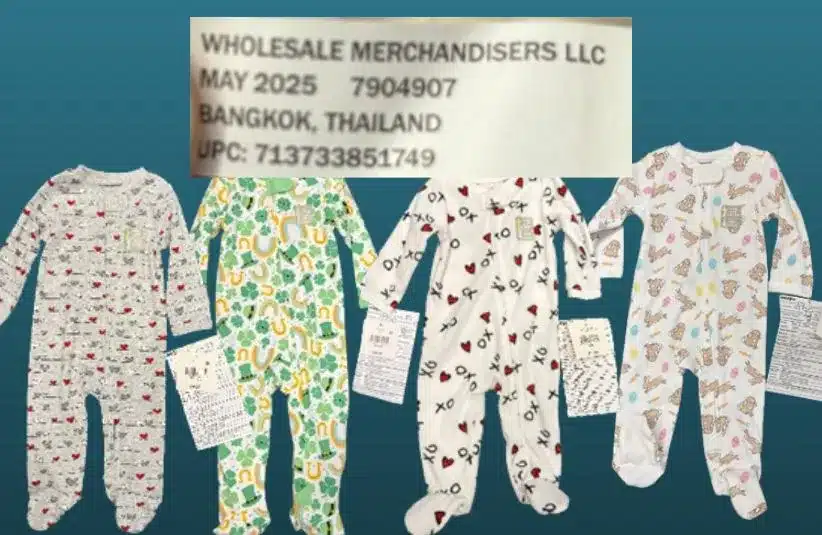 Four children's footed pajamas on a teal background with the label pictured above them. 