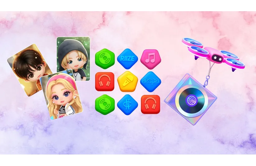 Cute animated characters with colorful hexagonal icons in the center, each symbolizing music elements, against a pastel background. A small pink drone carries a vinyl record.