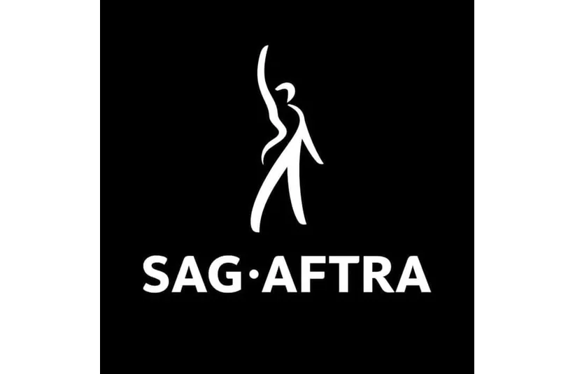 Black background with a white abstract figure raising an arm, symbolizing art and performance. Below, bold text reads "SAG-AFTRA."