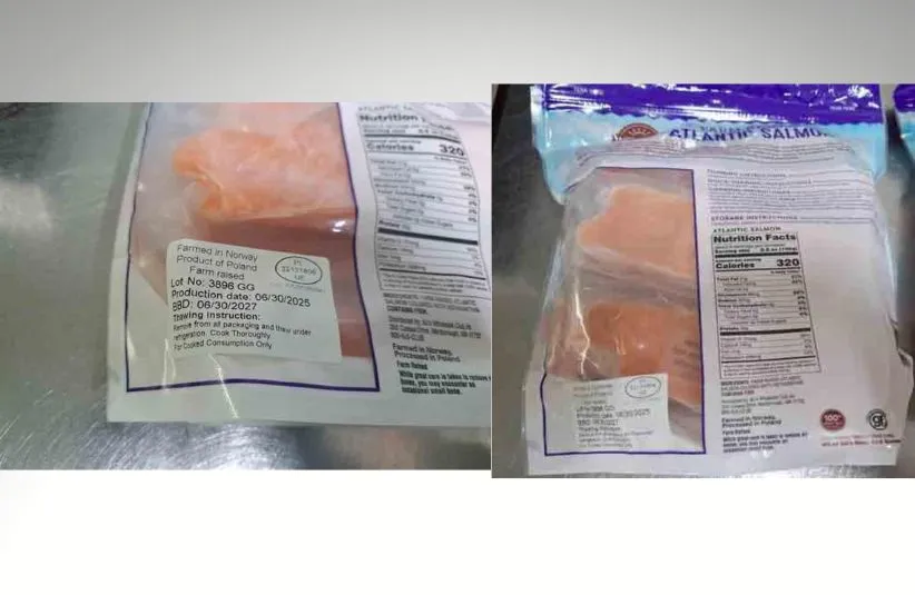 Packaged salmon fillets are shown, labeled with nutritional information and production details. The packaging is clear, displaying the fresh orange fish inside.