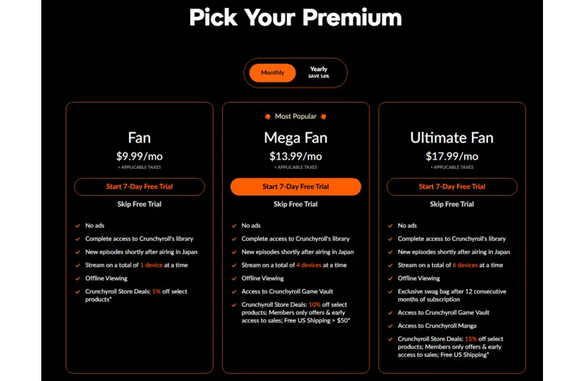Crunchyroll price list 