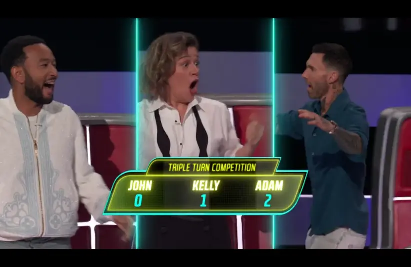 Screenshot of The Voice coaches Adam Levine, Kelly Clarkson, and John Legend after Jeremy Keith chose Levine as his coach, Season 29, Episode 1