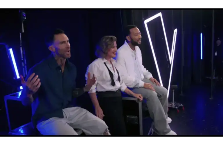 The Voice coaches John Legend, Kelly Clarkson and Adam Levine in a season 29 scene