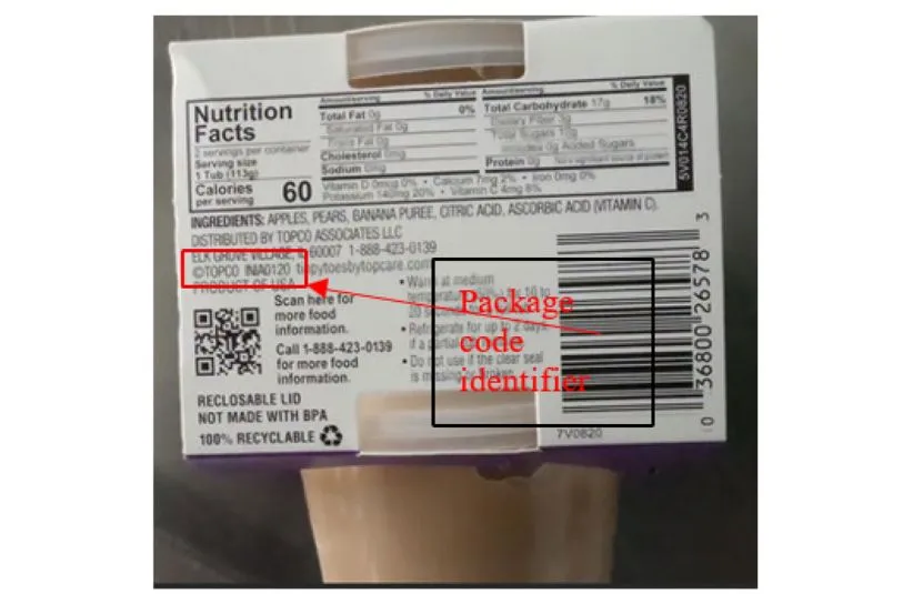 Nutrition label on a packaged food product, showing ingredients, barcode, and package code identifier highlighted in red. Packaging is recyclable.