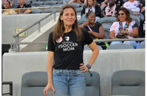 Jul 9, 2022; Los Angeles, California, USA; American actor Jennifer Garner looks on before the game between the San Diego Wave FC and the Angel City FC at Banc of California Stadium. Mandatory Credit: Jayne Kamin-Oncea-Imagn Images