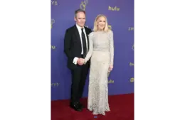 Sep 15, 2024; Los Angeles, CA, USA; Bo Welch and Catherine O'Hara at the 76th Emmy Awards at the Peacock Theater on Sunday, Sept. 15, 2024 in Los Angeles. Mandatory Credit: Dan MacMedan-USA TODAY