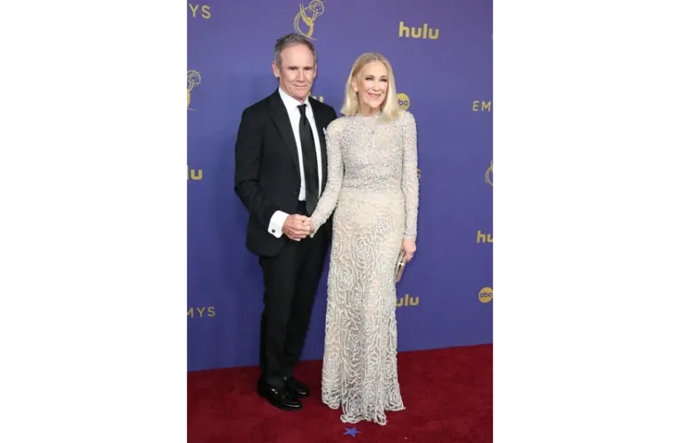 Sep 15, 2024; Los Angeles, CA, USA; Bo Welch and Catherine O'Hara at the 76th Emmy Awards at the Peacock Theater on Sunday, Sept. 15, 2024 in Los Angeles. Mandatory Credit: Dan MacMedan-USA TODAY