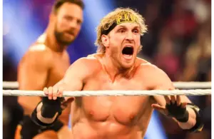 Logan Paul yells in celebration Saturday, Feb. 1, 2025, during the WWE Royal Rumble at Lucas Oil Stadium in Indianapolis. © Grace Smith/IndyStar / USA TODAY NETWORK via Imagn Images