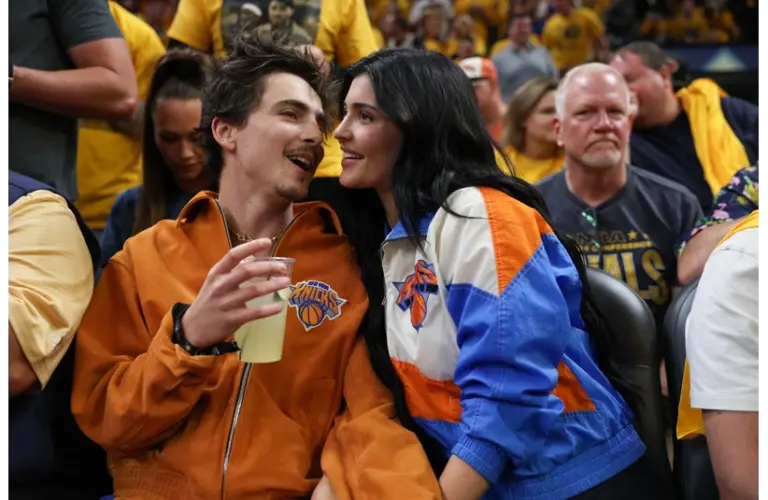 May 31, 2025; Indianapolis, Indiana, USA; Timothee Chalamet and Kylie Jenner, a celebrity couple, are seen in attendance during game six of the eastern conference finals between the Indiana Pacers and the New York Knicks for the 2025 NBA Playoffs at Gainbridge Fieldhouse. Mandatory Credit: Trevor Ruszkowski-Imagn Images