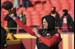 Patrick Mahomes game warmup. Recently celebrated daughter Sterling Skye's fifth birthday with his wife Brittany.