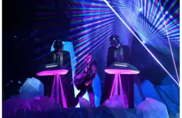 Feb 12, 2017; Los Angeles, CA, USA; The Weekend featuring Daft Punk performs during the 59th Annual Grammy Awards at Staples Center. Mandatory Credit: Robert Hanashiro-USA TODAY NETWORK