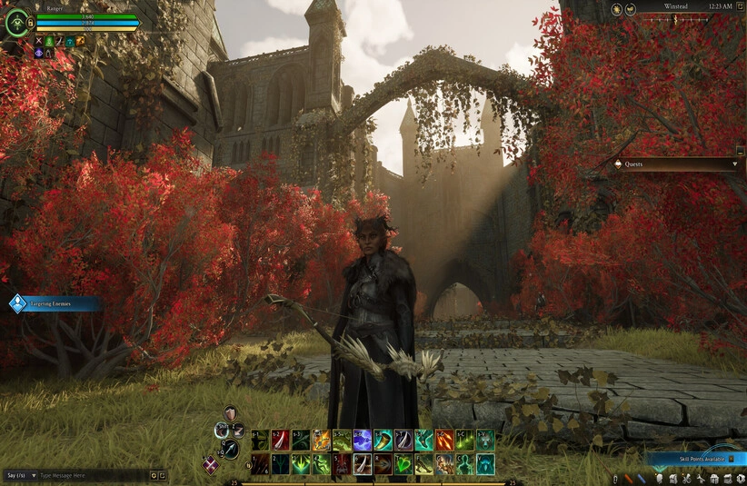 An Ashes of Creation character stands with a bow in an ancient, overgrown courtyard. Red foliage contrasts with the crumbling stone edifices, illuminated by soft sunlight, evoking a mysterious, adventurous tone. Game interface elements surround the scene.