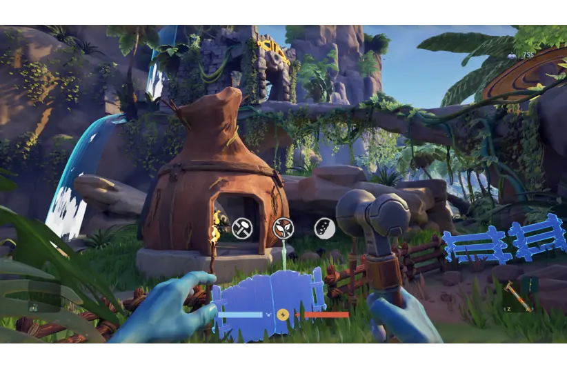 Character with blue hands holds tools in a lush jungle with a small hut. Waterfall in background, vibrant greenery and tools indicate adventure game. Astrobotanica by Space Goblin Studio