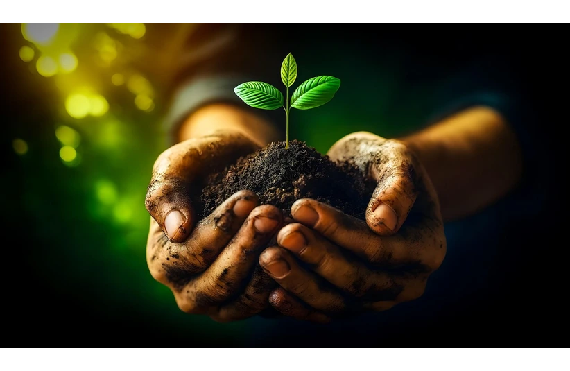 Hands cradle a small mound of soil from which a green seedling sprouts. The warm, glowing background suggests growth and nurturing. Think Identity Visualization.