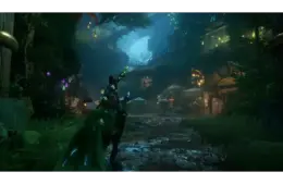 A mystical scene in Kena: Scars of Kosmora shows Kena on a green-lit creature in an ethereal forest village. Soft blue light and glowing lamps create a magical, adventurous ambiance.
