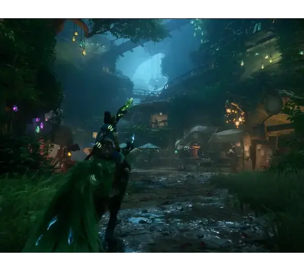 A mystical scene in Kena: Scars of Kosmora shows Kena on a green-lit creature in an ethereal forest village. Soft blue light and glowing lamps create a magical, adventurous ambiance.