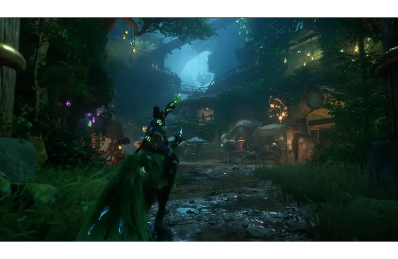 A mystical scene in Kena: Scars of Kosmora shows Kena on a green-lit creature in an ethereal forest village. Soft blue light and glowing lamps create a magical, adventurous ambiance.