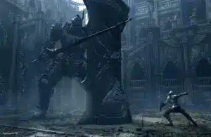 A knight in silver armor, in Bluepoint Games Remake game Demon's Souls battles a towering armored giant wielding a massive sword in a gothic, dilapidated cathedral. The scene evokes tension.