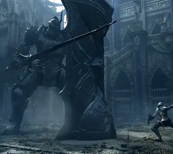 A knight in silver armor, in Bluepoint Games Remake game Demon's Souls battles a towering armored giant wielding a massive sword in a gothic, dilapidated cathedral. The scene evokes tension.