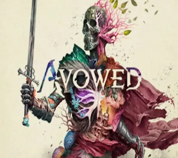 The word "Avowed" in front of a skeleton holding a sword.