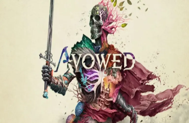 The word "Avowed" in front of a skeleton holding a sword.