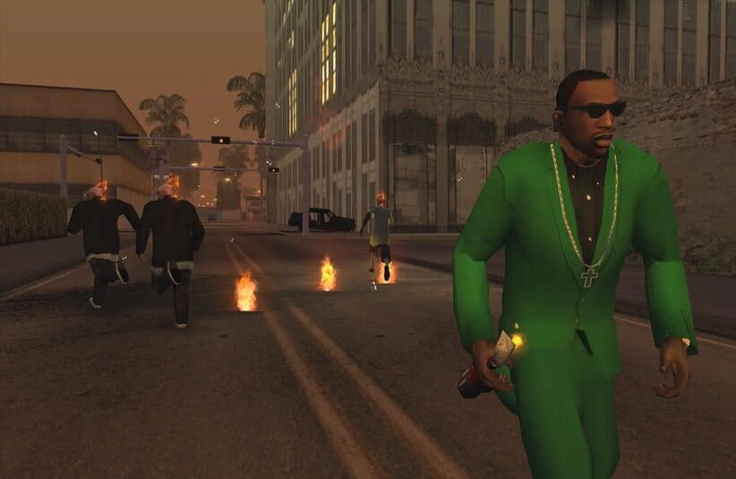 CJ from Grand Theft Auto San Andreas walking down a street, with people in the background running away on fire. black characters.