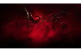 An Ashes of Creation menacing creature, called a Harbinger, with horns and jagged limbs, emerges from swirling red mist, surrounded by glowing red eyes, creating an ominous, dark atmosphere. Steven Sharif