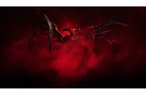 An Ashes of Creation menacing creature, called a Harbinger, with horns and jagged limbs, emerges from swirling red mist, surrounded by glowing red eyes, creating an ominous, dark atmosphere.