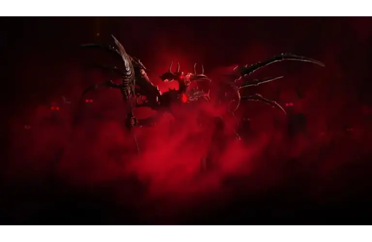 An Ashes of Creation menacing creature, called a Harbinger, with horns and jagged limbs, emerges from swirling red mist, surrounded by glowing red eyes, creating an ominous, dark atmosphere. Steven Sharif