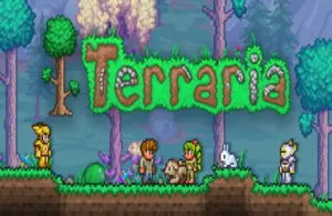 Pixel art landscape from the game "Terraria" featuring colorful trees and characters, including a knight and a bunny, under a grassy logo.