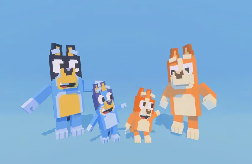 Bluey, Bingo, Mom, and Dad Mincecraft characters