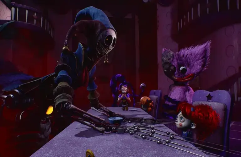 tea party scene with Lily, the Prototype, Kissy, and Poppy in Poppy Playtime Chapter 5