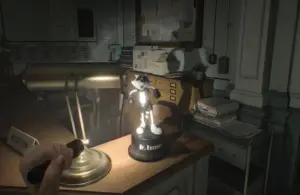 Mr. Raccoon statue found in the reception area of the Care Center facility in Resident Evil Requiem