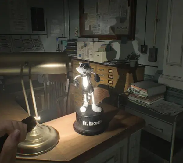 Mr. Raccoon statue found in the reception area of the Care Center facility in Resident Evil Requiem
