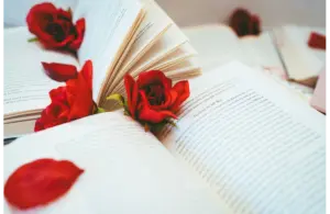 Valentine's Day themed reading with a romance novel open on a table with roses scattered