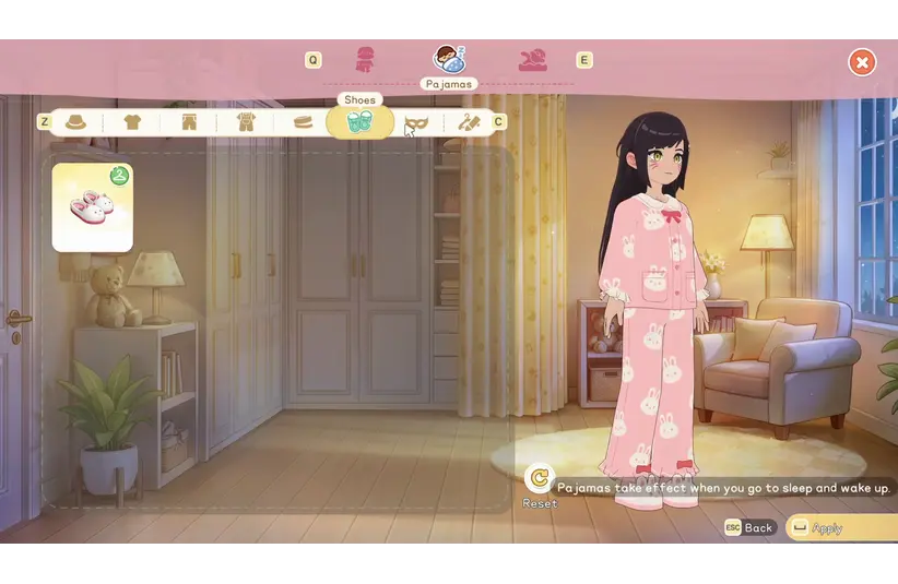 Screenshot from Starsand Island showing the character in the dressing room displaying pajamas, Life Sim, Seed Sparkle Lab