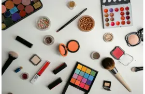 Aesthetic makeup products on a white table
