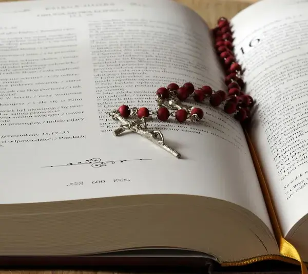 In daily devotion, an open bible is displayed and a necklace with a cross.