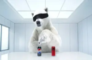 A polar bear takes a taste test in the Super Bowl Pepsi ad.