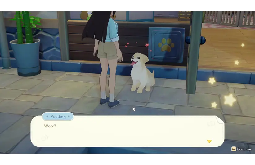 Screenshot from Starsand Island showing the character interacting with the dog called Pudding, Life Sim, Seed Sparkle Lab