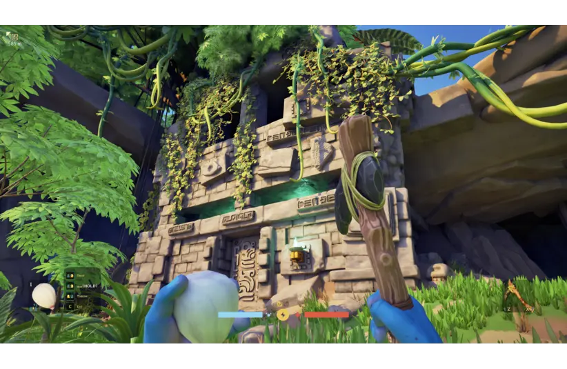 A person holding a wooden club and round object faces a stone temple entwined with vines and greenery. The scene is vibrant and adventurous.