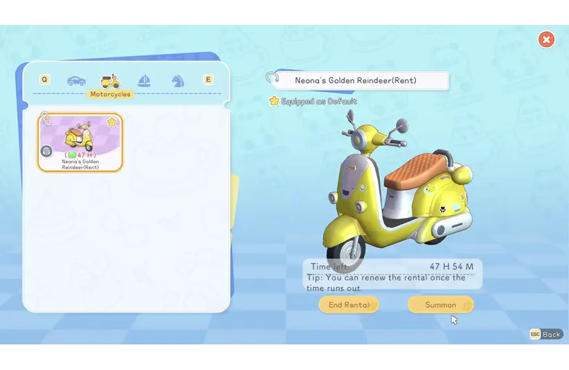 Screenshot from Starsand Island showing rental of a scooter, Life Sim, Seed Sparkle Lab